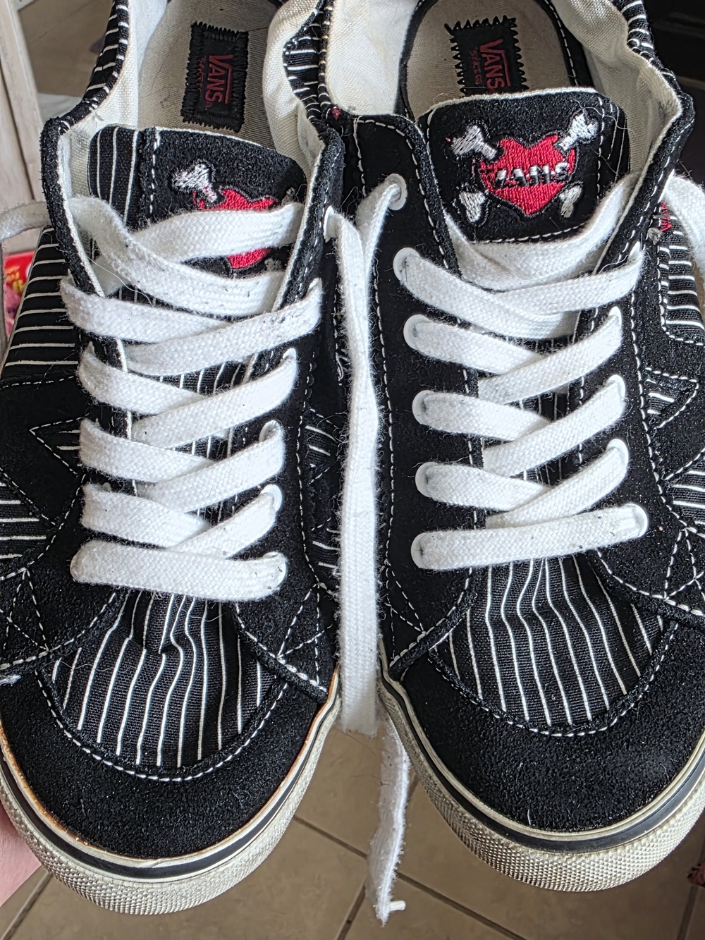 Vans Black & White Pinstripe Sneakers with Pink Heart Patch